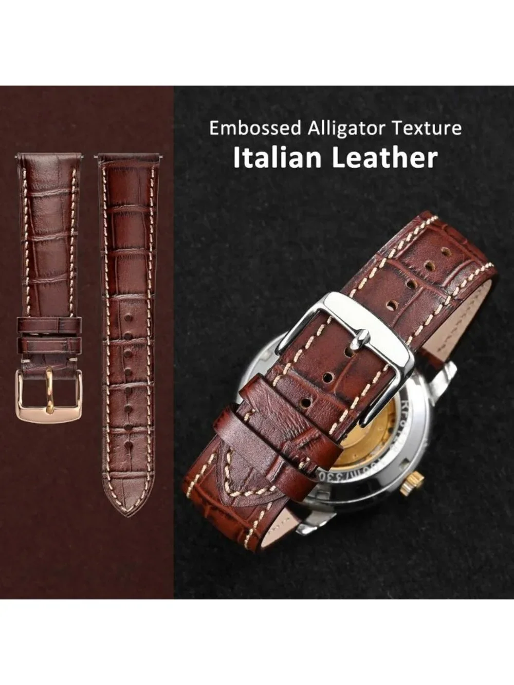Italian Leather Watch Band 22mm, Embossed Alligator Grain, Rose Gold Buckle